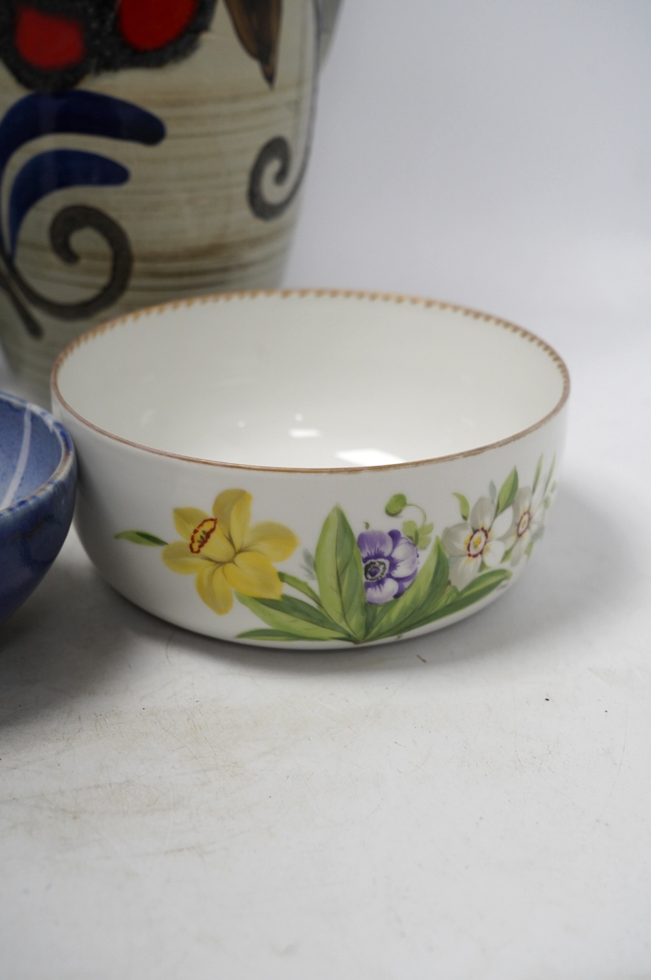Five ceramic items including a Royal Copenhagen vase, 19cm, two West German vases, tallest 34.5cm, a studio pottery bowl and a Dresden bowl. Condition - good